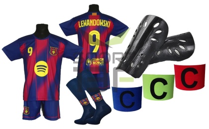 strój piłkarski dla dzieci Lewandowski Barcelona komplet sportowy + dodatki