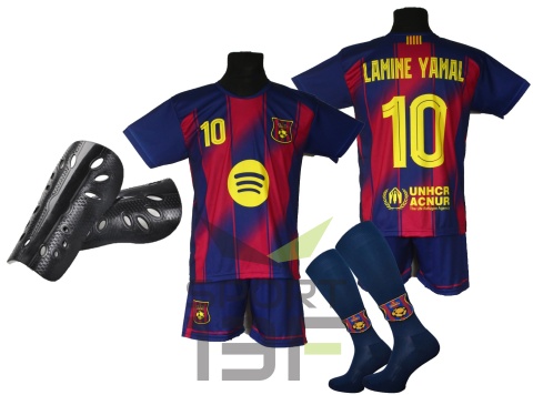 Strój piłkarski dla dzieci LAMINE YAMAL + getry + ochraniacze - rozmiar 122