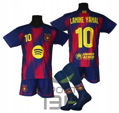 Strój piłkarski dla dzieci LAMINE YAMAL + getry + ochraniacze - rozmiar 122