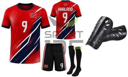 strój piłkarski dla dzieci HAALAND Norwegia komplet sportowy + ochraniacze
