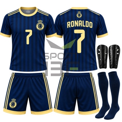 strój piłkarski dla dzieci RONALDO granatowy komplet sportowy + ochraniacze
