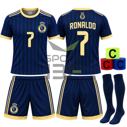 strój piłkarski dla dzieci RONALDO granatowy komplet sportowy + opaska kapitana