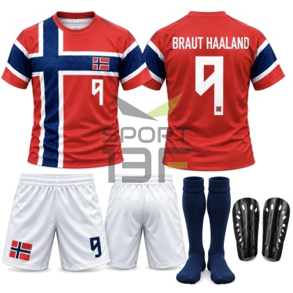 strój piłkarski dla dzieci Haaland Norwegia komplet sportowy + ochraniacze